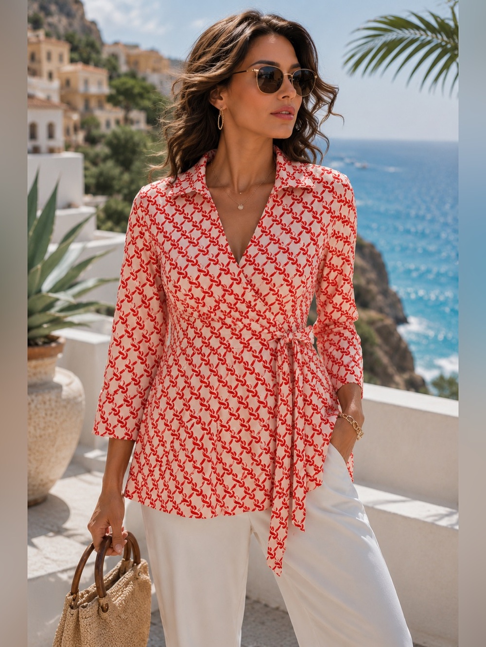 JESSICA SIMPSON NEW $79 Denver Wrap Tunic Top Poppy Red Tahitian Dream Sz M Chic